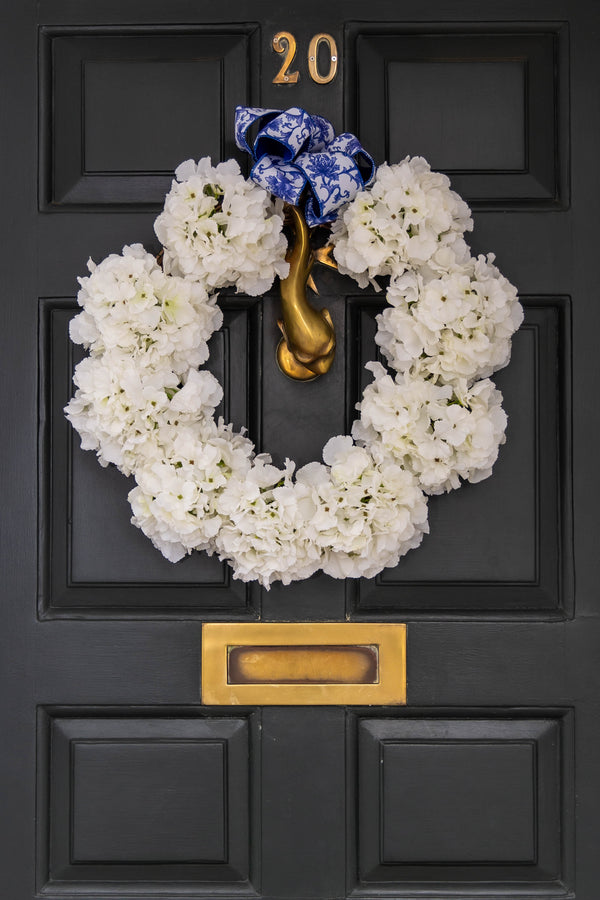 The Mirabella is a grapevine floral ivory Hydrangea wreath with D&G Inspired ribbon, summer wreath, wedding florals, sophisticated, suitable for outdoor living, maintenance free, a stylish and classic design